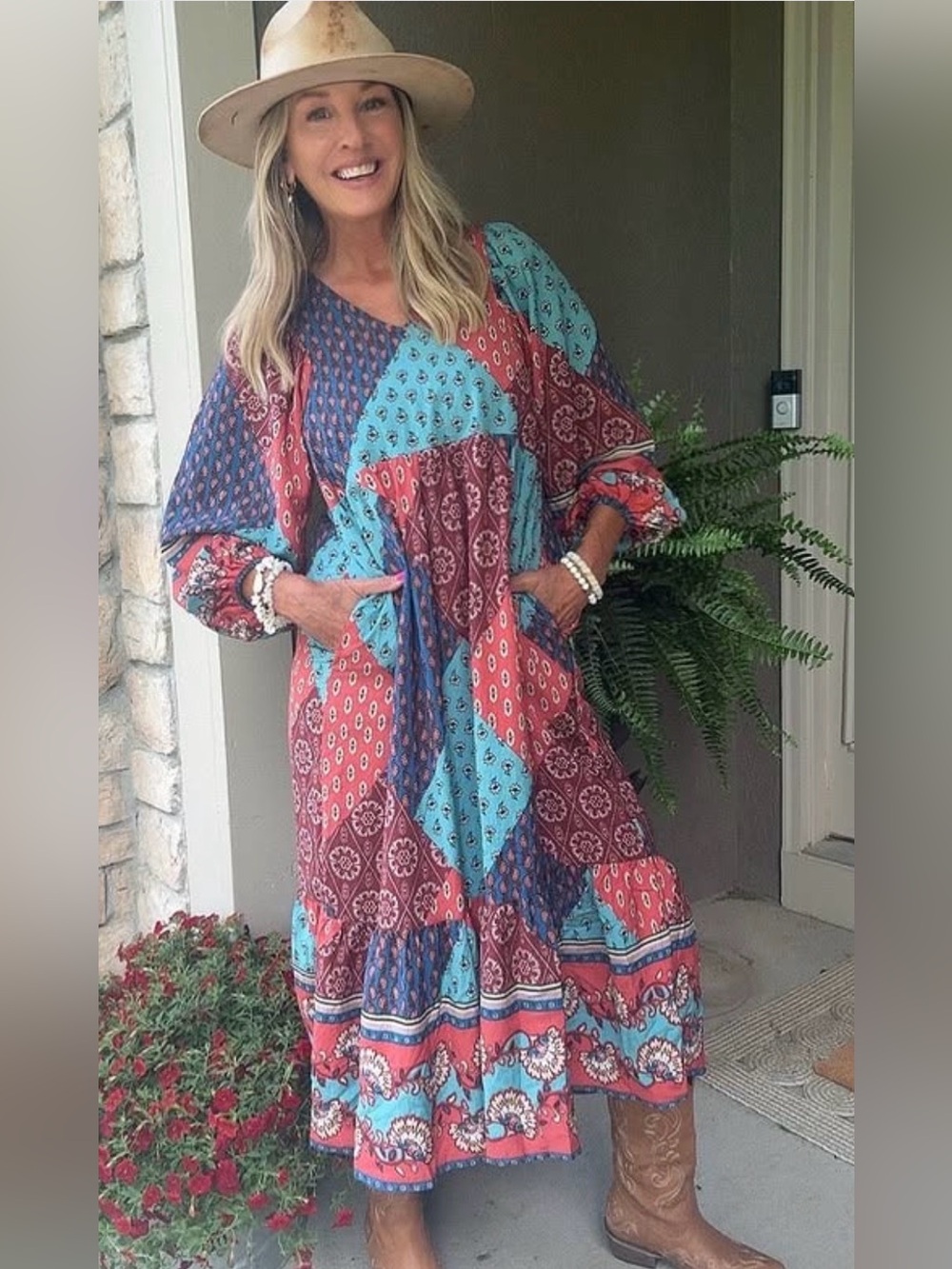 Boho Patchwork Maxi Dress in Coral & Teal - Picture 3 of 4